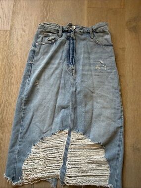 Zara Light Blue Distressed Denim Midi Skirt